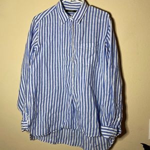 Lauren by Ralph Lauren linen button front blue and white striped popover top